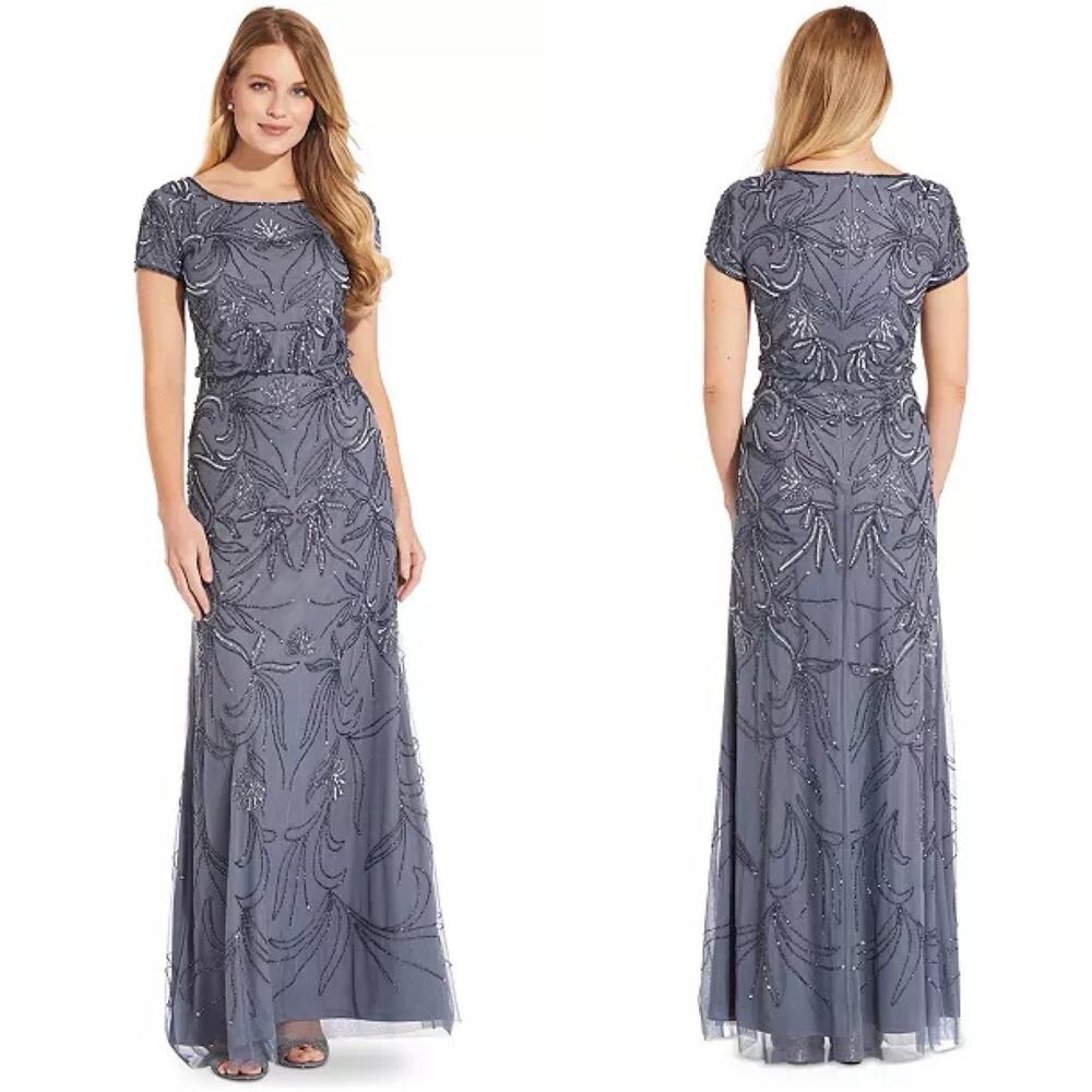 Adrianna Papell Beaded Gown 4 Dusty Blue Floral Sequin Gown Mother of the Bride